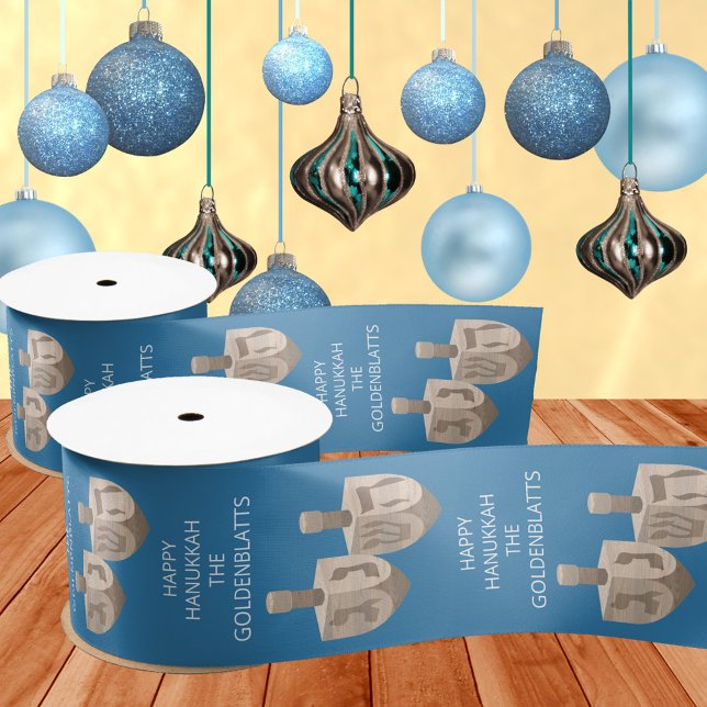 Dreidel Rustic Oak Cute Blue Custom Hanukkah Satin Ribbon (Cute blue Hanukkah ribbon with faux oak wood rustic dreidels and your text to adorn your gifts)