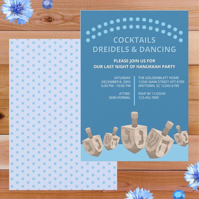 Dreidel Rustic Oak Cute Hanukkah Dinner Party Invitation (So easy to personalize, these dreidel Hanukkah party invitations will announce your event in style)
