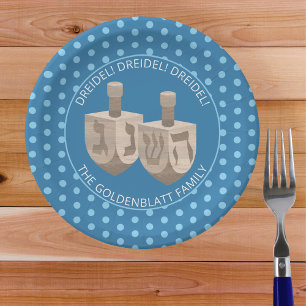 Dreidel Rustic Oak Cute Polka Dot Hanukkah Party Paper Plate