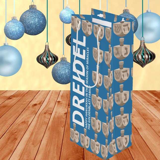 Dreidel Rustic Oak Fun Blue And White Hanukkah Wine Gift Bag (Bold typography text and faux oak wood dreidels on rich blue makes these Hanukkah gift bags stylish)