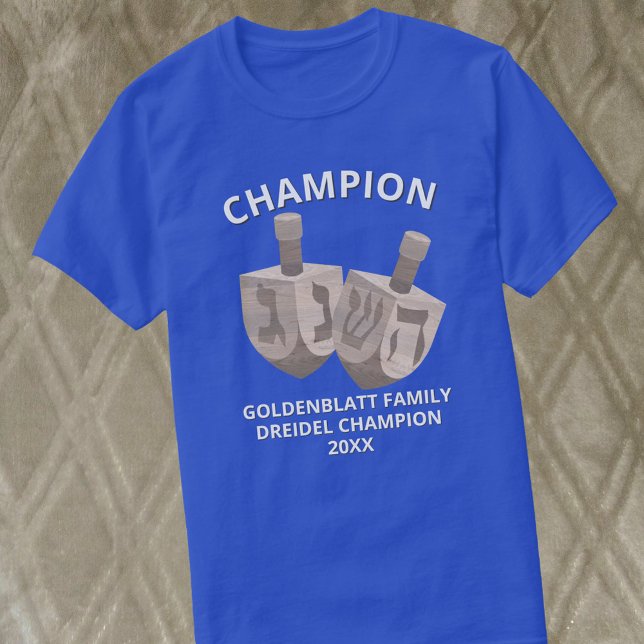 Dreidel Rustic Oak Funny Champion Hanukkah T-Shirt (Personalize this funny dreidel champion t-shirt with both lines of white text set as templates)