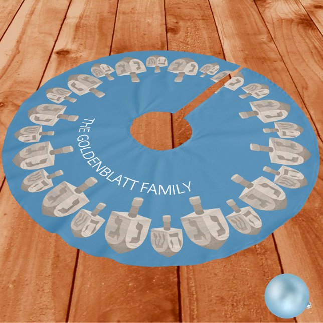 Dreidel Rustic Oak Hanukkah Pattern Chrismukkah Brushed Polyester Tree Skirt (This dreidel design Hanukkah tree skirt is great for inter-faith families and is easy to personalize)