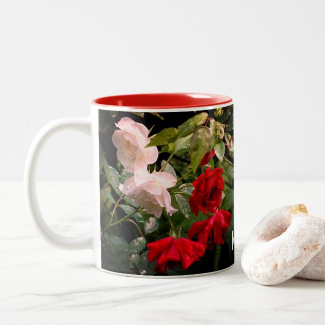 Drenched Roses Personalised  Two-Tone Coffee Mug (With Donut)