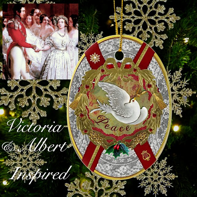 Dresden 'Normandy' Peace Dove Ornament (White lace & royal red accented with gold, inspired by the wedding of Queen Victoria & Prince Albert)