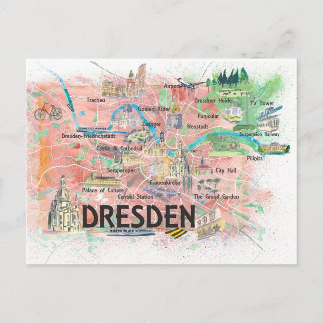 Dresden Saxony Germany Illustrated Map  Postcard (Front)
