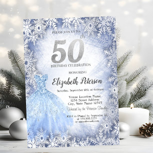 Dress Blue Snowflakes Winter 50th Birthday Invitation