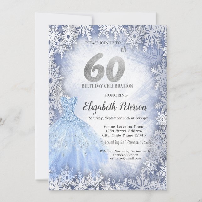 Dress Blue Snowflakes Winter 60th Birthday Invitation (Front)
