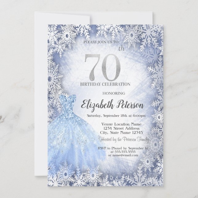 Dress Blue Snowflakes Winter 70th Birthday Invitation (Front)
