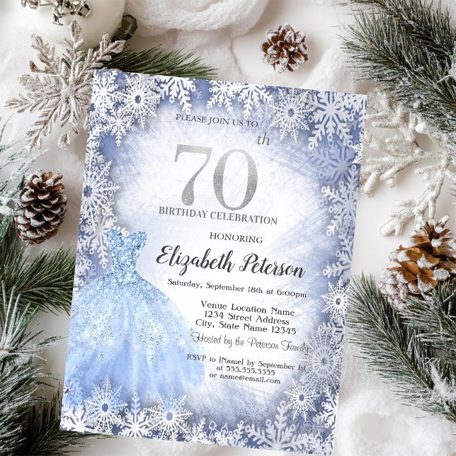 Dress Blue Snowflakes Winter 70th Birthday Invitation (Creator Uploaded)
