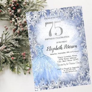 Dress Blue Snowflakes Winter 75th Birthday Invitation