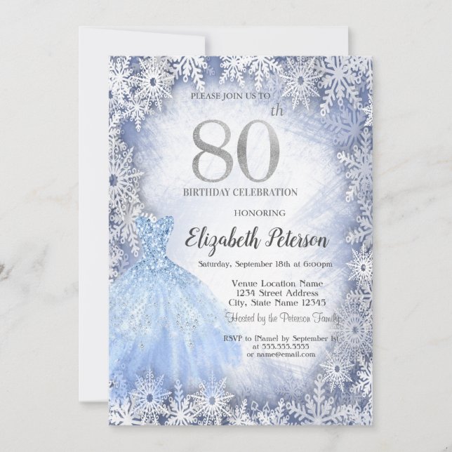 Dress Blue Snowflakes Winter 80th Birthday Invitation (Front)