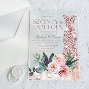 Dress & Blush Floral Womans 70th Birthday Party Acrylic Invitations