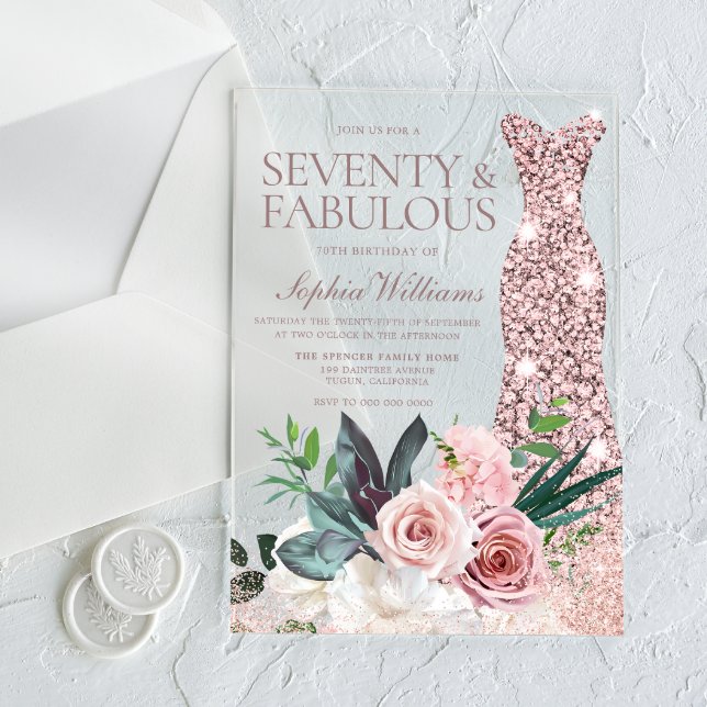 Dress & Blush Floral Womans 70th Birthday Party Acrylic Invitations (Creator Uploaded)