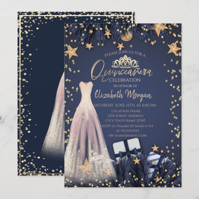  Dress,Branches,Diamonds Navy Blue Quinceañera Invitation (Front/Back)