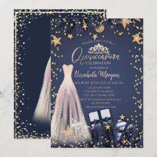 Dress,Branches,Diamonds Navy Blue Quinceañera Invitation