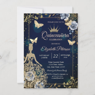 Dress,Butterfllies Navy Blue Flowers Quinceañera Invitation