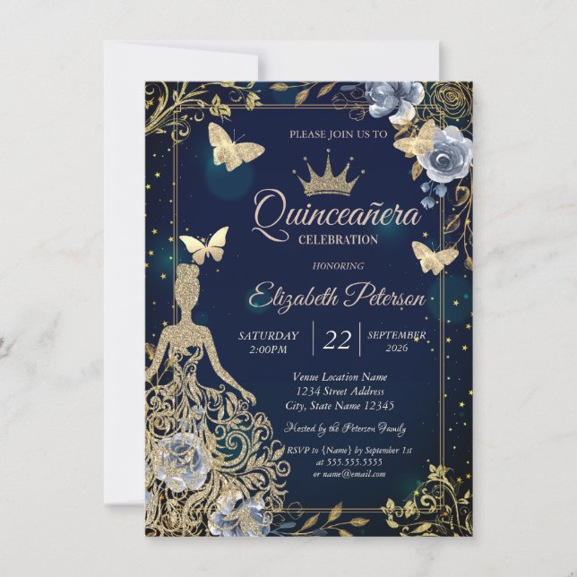 Dress,Butterfllies Navy Blue Flowers Quinceañera Invitation (Front)