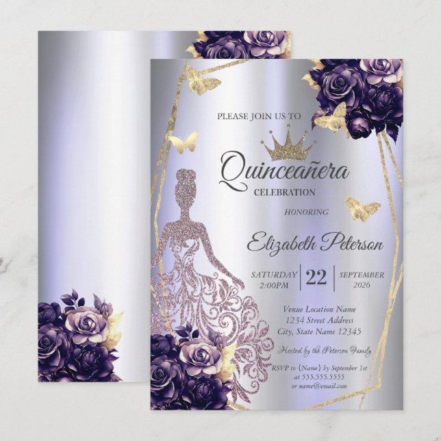 Dress,Butterfly Violet Roses Lavender Quinceañera Invitation (Front/Back)