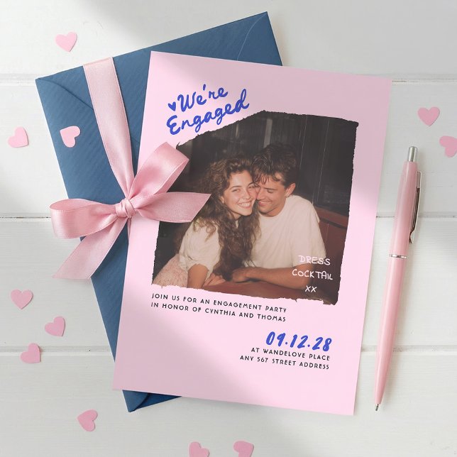 Dress Cocktail Handwritten Engagement Party Photo Invitation (Whimsical Playful Retro Square Photo Pink Blue Casual Fun Handwritten Engagement Party Invitation)