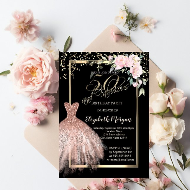 Dress,Confetti Flowers Rose Gold 50th Birthday Invitation (Creator Uploaded)