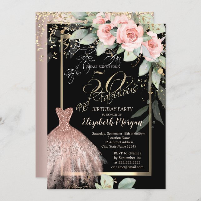 Dress,Confetti Roses Rose Gold 50th Birthday Invitation (Front/Back)
