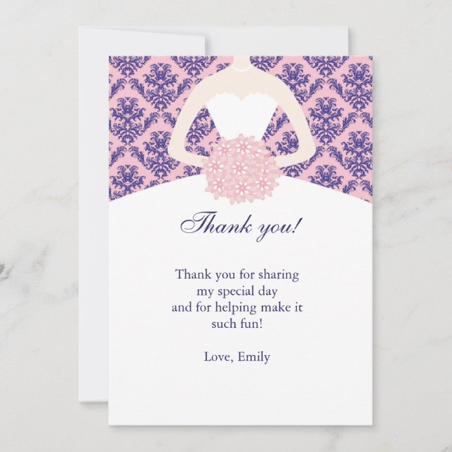Dress Damask Thank You Card Pink Navy Blue (Front)
