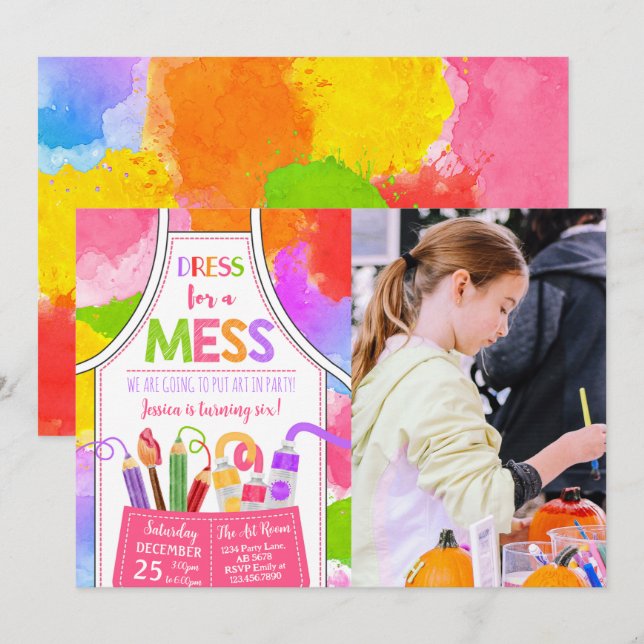 Dress For A Mess Art Birthday Photo Invitation (Front/Back)
