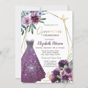 Dress Girl,Violet Flowers Butterfly  Quinceanera Invitation