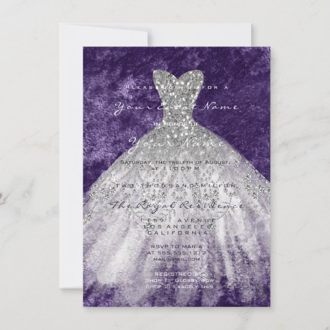 Dress Glitter 16th Bridal Grey Silver Violet Glam Invitation (Front)