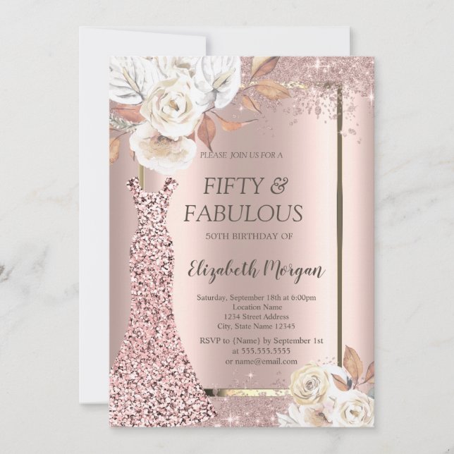  Dress Glitter Confetti Autumn Flowers 50th  Invitation (Front)