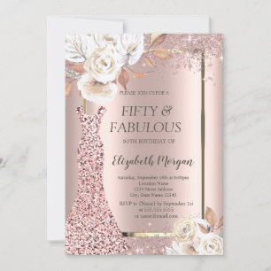 Dress Glitter Confetti Autumn Flowers 50th  Invitation