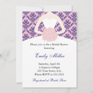 Dress Invitation Bridal Shower Damask Navy Blue
