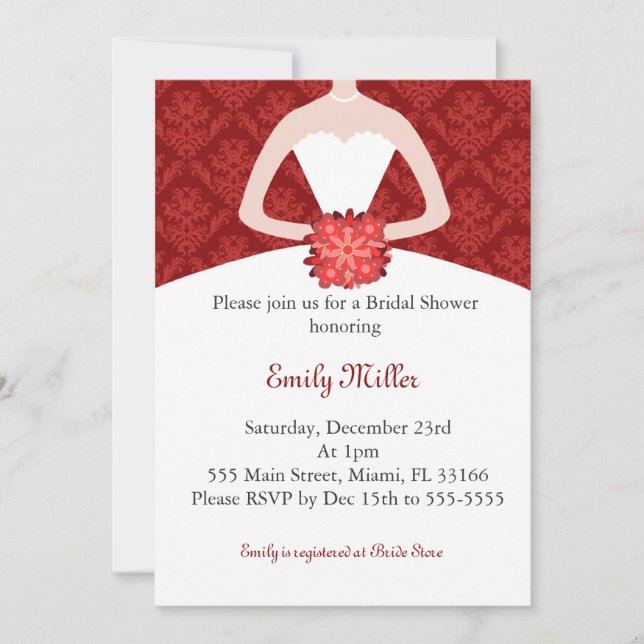 Dress Invitation Bridal Shower Red Damask (Front)