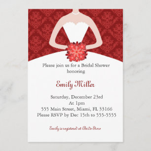 Dress Invitation Bridal Shower Red Damask