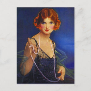 Dress Midnight Blue Flapper Girl & Pearls Postcard