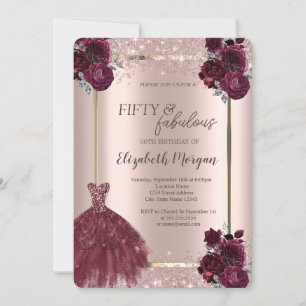 Dress Rose Gold Confetti Burgundy Roses 50th Invitation