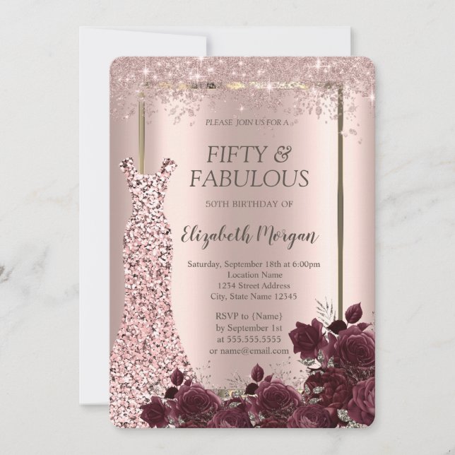 Dress Rose Gold Glitter Burgundy Roses 50th Invitation (Front)