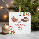 Dress Shoes Baby's First Christmas Ceramic Ornament<br><div class="desc">Shoe themed baby's first Christmas theme featuring illustration of pair of grey baby booties between a pair of red high heels and a pair of men's oxford dress shoes.</div>