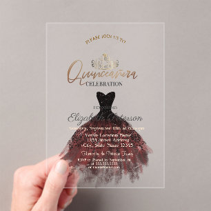  Dress,Tiara,Chic Red Roses Quinceañera   Acrylic Invitations