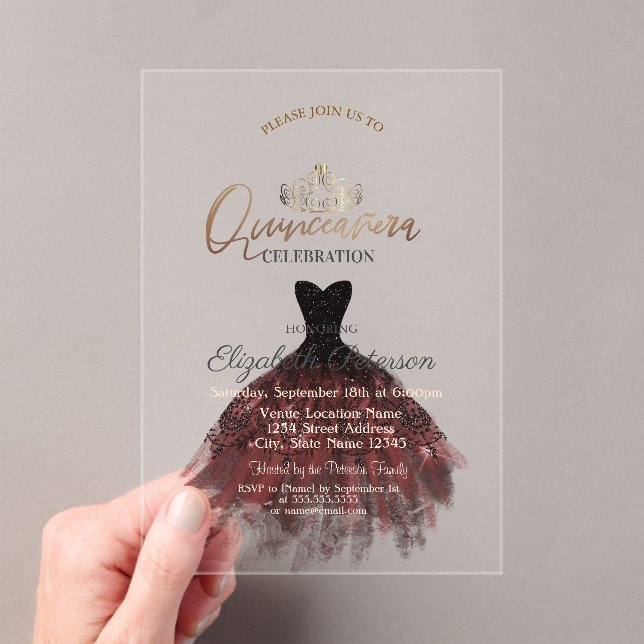  Dress,Tiara,Chic Red Roses Quinceañera   Acrylic Invitations (Insitu (Handheld))