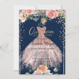 Dress Tiara,Diamonds Roses Blue Quinceañera  Invitation