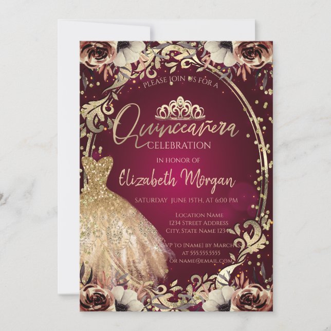 Dress Tiara,Frame Flowers Burgundy Quinceañera  Invitation (Front)