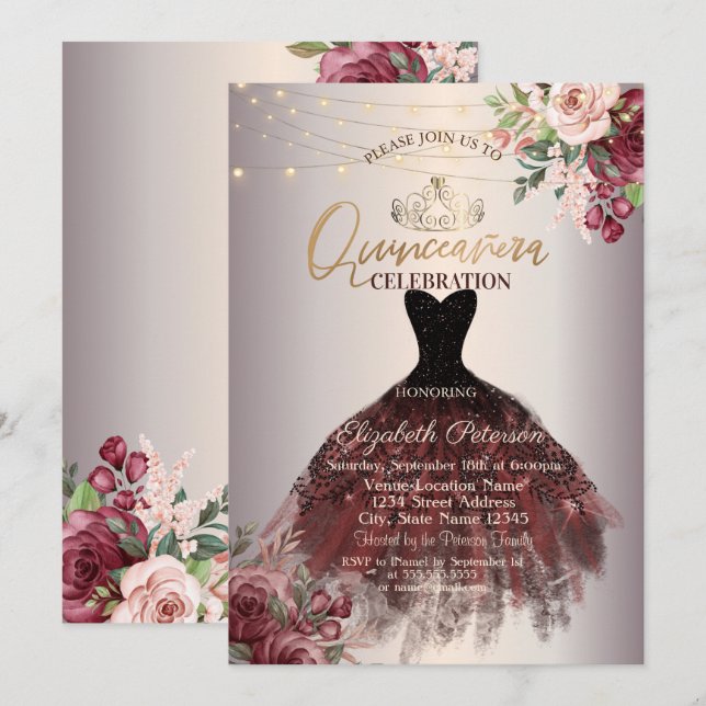  Dress,Tiara,Lights Roses,Rose Gold Quinceañera  Invitation (Front/Back)