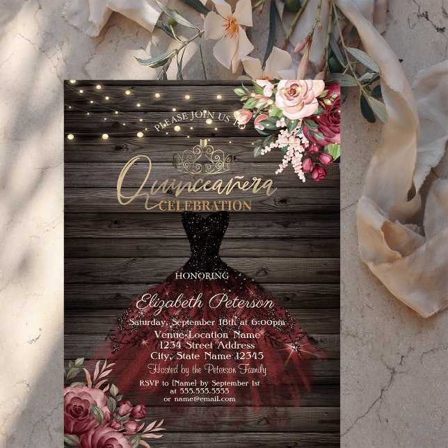  Dress,Tiara,Lights Roses,Wood Quinceañera   Invitation (Creator Uploaded)