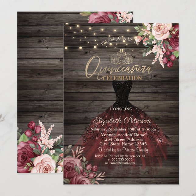  Dress,Tiara,Lights Roses,Wood Quinceañera   Invitation (Front/Back)