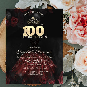 Dress,Tiara,Red Roses 100th Birthday Invitation