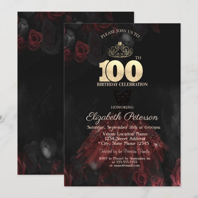  Dress,Tiara,Red Roses 100th Birthday Invitation (Front/Back)