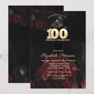 Dress,Tiara,Red Roses 100th Birthday Invitation