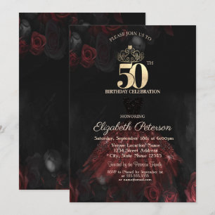 Dress,Tiara,Red Roses 50th Birthday Invitation