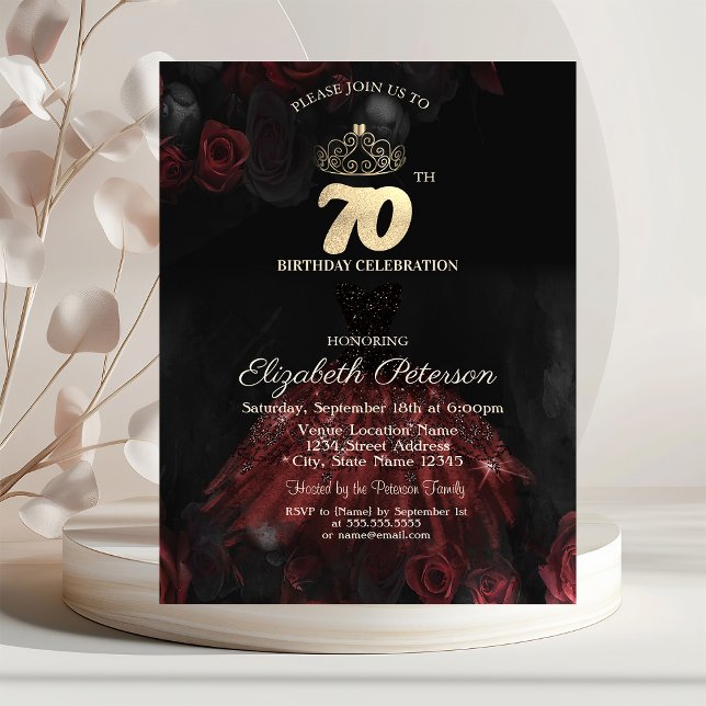  Dress,Tiara,Red Roses 70th Birthday Invitation (Creator Uploaded)